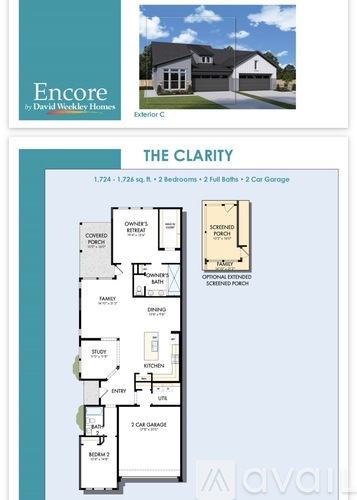 A house plan for a 2 bedroom, 2 bath house with a garage.