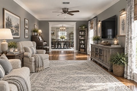 A well-lit living room with a grey sofa set, a wooden cabinet, and a television.