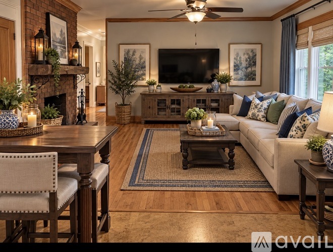 A living room with a fireplace and a couch.