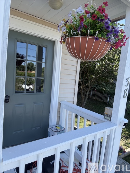 A flower pot hangs from the porch ceiling.