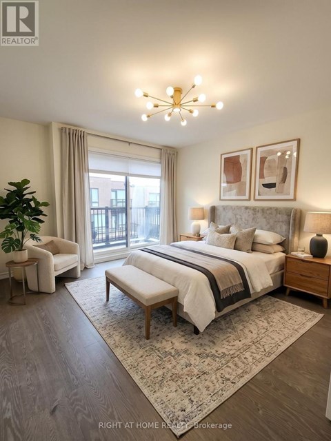 A bedroom with a large bed, a chair, and a potted plant.