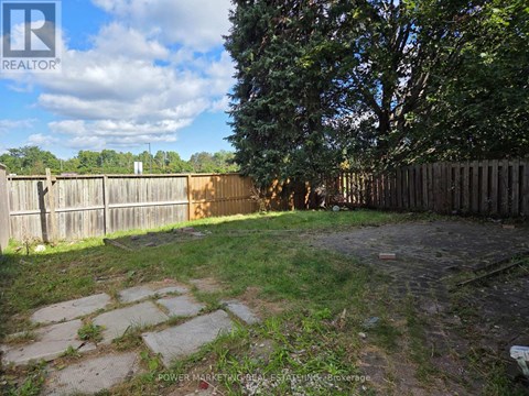 A backyard with a wooden fence and a tree.