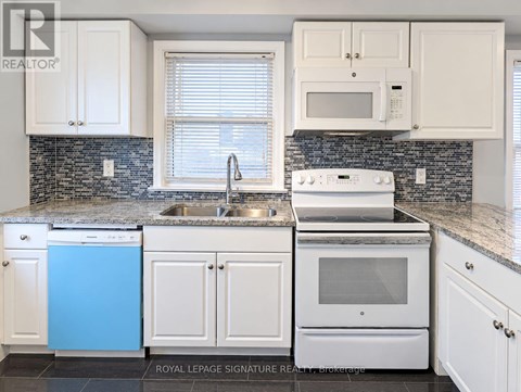 A kitchen with white cabinets and a blue dishwasher.