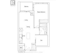 A floor plan for a home with a den, dining room, living room, and balcony.