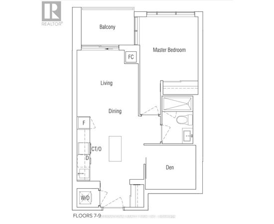 A floor plan for a home with a den, dining room, living room, and balcony.