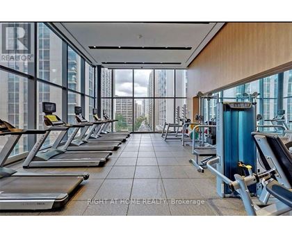 A gym with treadmills and a view of the city.