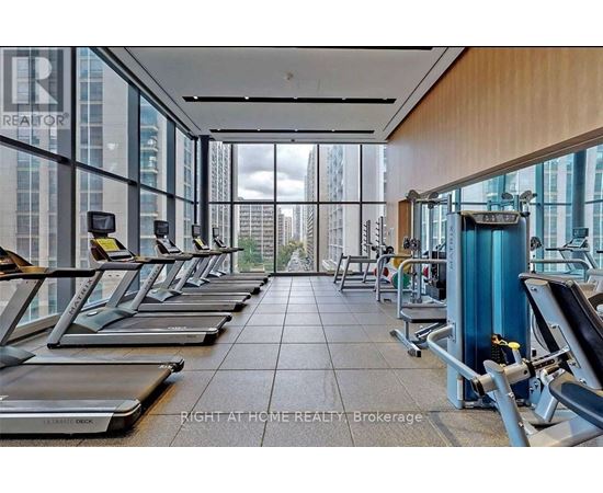 A gym with treadmills and a view of the city.