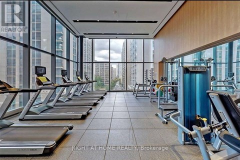 A gym with treadmills and a view of the city.