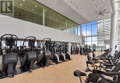 A gym with a row of stationary bikes.