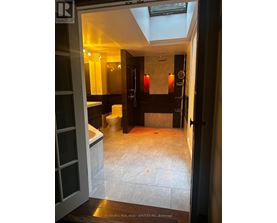 A bathroom with a skylight and a toilet.