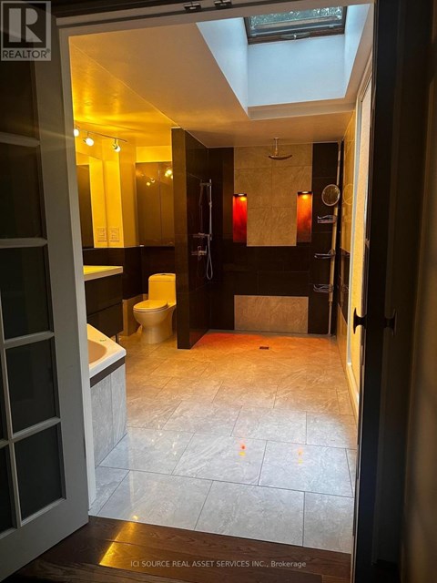 A bathroom with a skylight and a toilet.