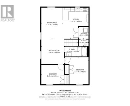 A floor plan for a home with a total area of 165 square meters, including a kitchen, dining area, laundry, sitting room, bathroom, and bedroom.