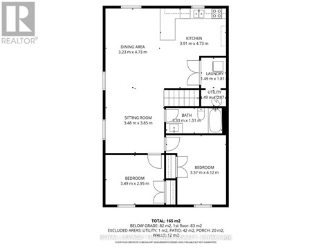 A floor plan for a home with a total area of 165 square meters, including a kitchen, dining area, laundry, sitting room, bathroom, and bedroom.