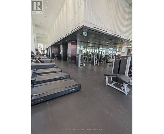 A gym with treadmills and weights.