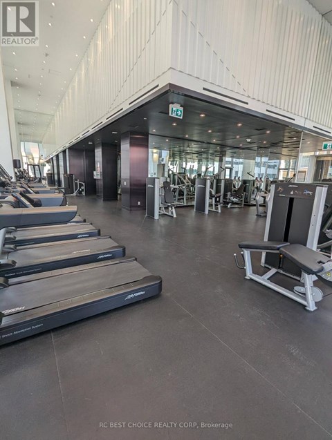 A gym with treadmills and weights.
