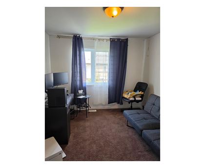 A living room with a couch, chair, and television.