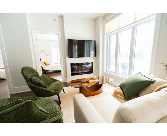A living room with a fireplace and a television.