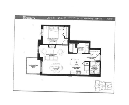 A black and white image of a floor plan for a one bedroom apartment.
