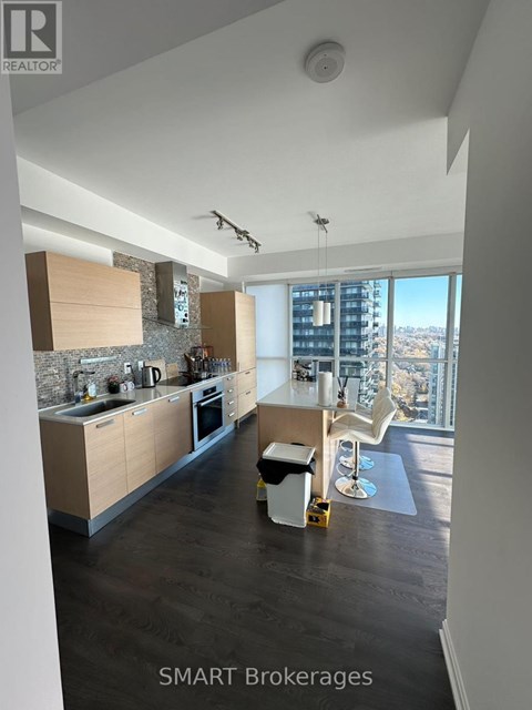 A modern kitchen with a view of the city.