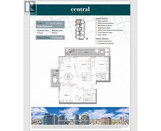 A real estate advertisement for a property called Central Business, featuring a floor plan and exterior image of a cityscape.