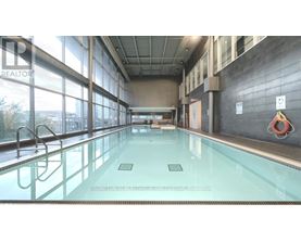 A large indoor swimming pool with a glass wall on one side.
