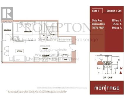 A floor plan for a property with a living room, dining room, and balcony area.
