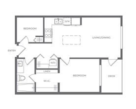 A floor plan of a house with a living room, dining room, and three bedrooms.