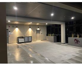 A modern building lobby with a reception desk and potted plants.