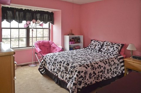 A bedroom with a leopard print bed and a pink chair.