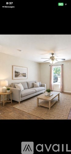 A living room with a grey sofa and a coffee table.