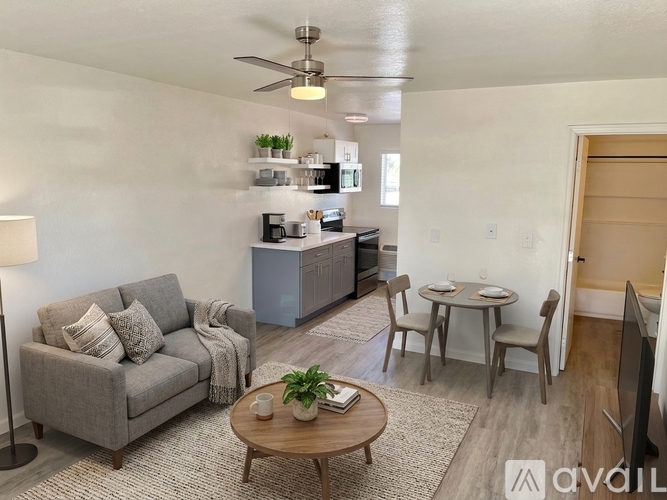 A living room with a grey couch, a coffee table, and a ceiling fan.