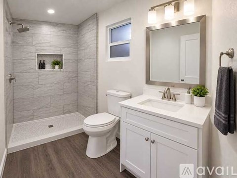 A bathroom with a white toilet, sink, and a mirror.