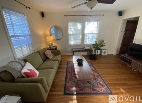 A living room with a green couch, a rug, and a ceiling fan.