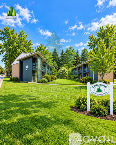 A sign for Cedarwood Management stands in front of a building.