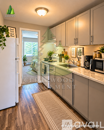 A kitchen with wooden floors and white cabinets.