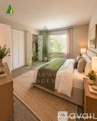 A bedroom with a bed, nightstand, and a window with a view of trees.
