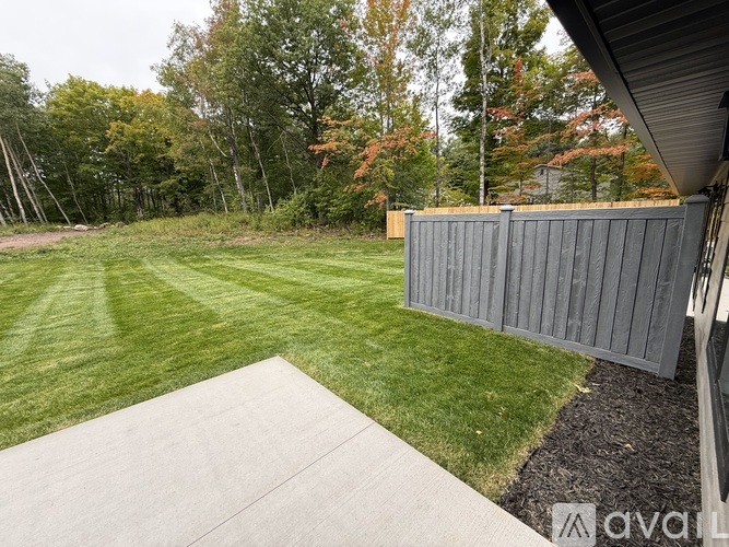 A backyard with a concrete walkway and a grey fence.