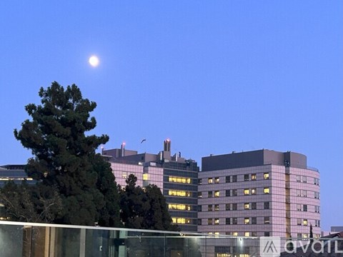A building with a tree in front of it and a moon in the sky.