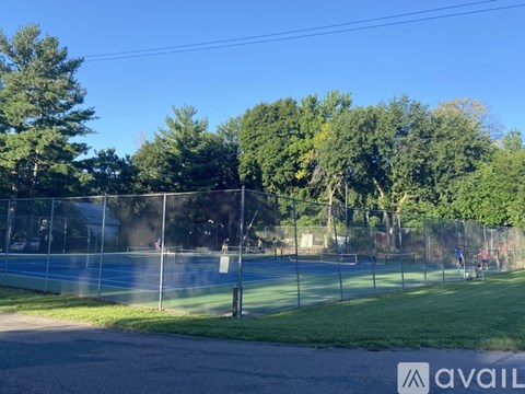 A tennis court is surrounded by a fence and trees.