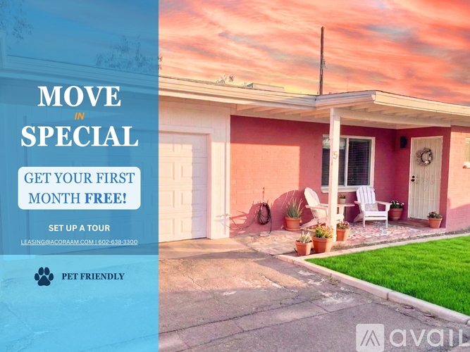 A house with a pink exterior and a sign offering a first month free.