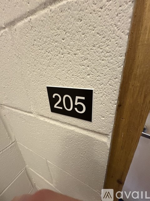 A white wall with a black sign that says 205.
