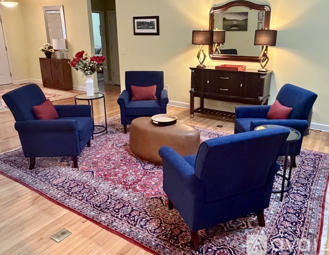 A living room with blue chairs and a rug.