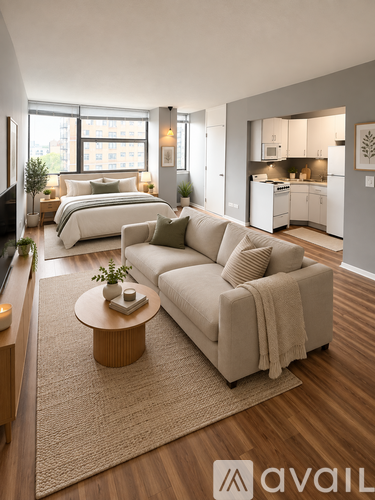A living room with a couch, a bed, and a television.