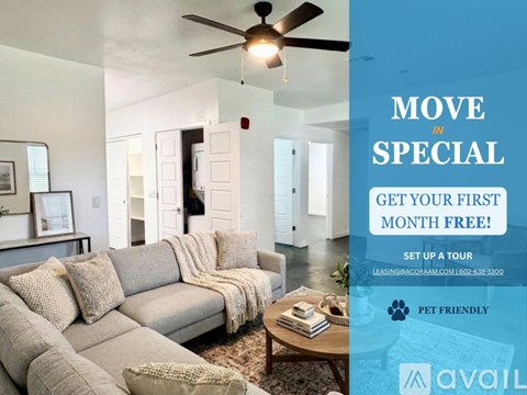 A living room with a sofa, a coffee table, and a ceiling fan, with an advertisement for a free first month offer.