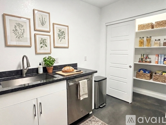 A kitchen with white cabinets and a black countertop with a plant on it.