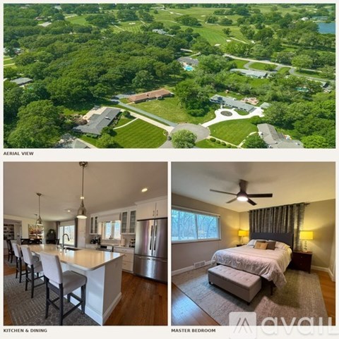 A bird's eye view of a house surrounded by greenery and a close-up of a well-furnished kitchen and master bedroom.