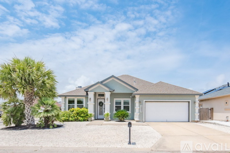 A house with a driveway and a palm tree in front.