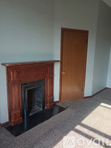 A brown door is in a room with a fireplace.