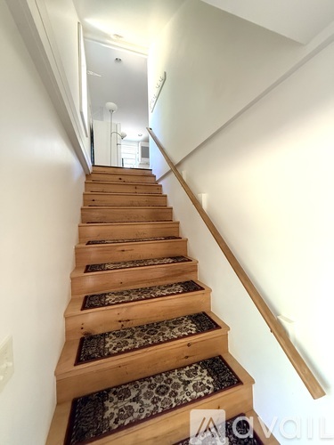 A wooden staircase with a carpeted runner.