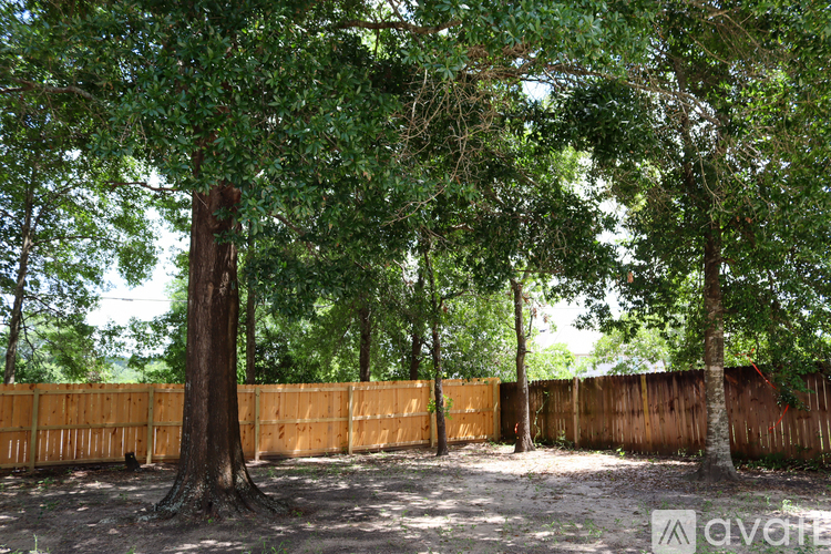 A backyard with a fence and trees.